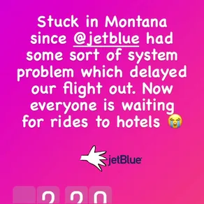 Stuck in Montana since @jetblue had some sort of system problem which delayed our flight out. Now everyone is waiting for rides to hotels 😭